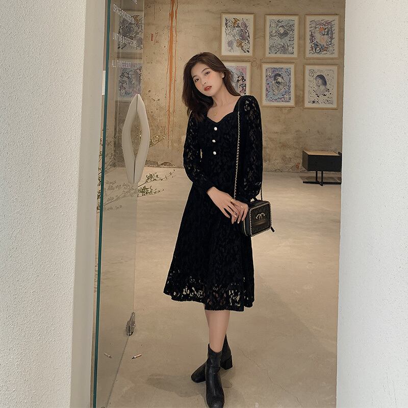 スタイルレースドレス スタンダードVネックロング レトロ 長袖 エレガント HUCHUJING62149901214