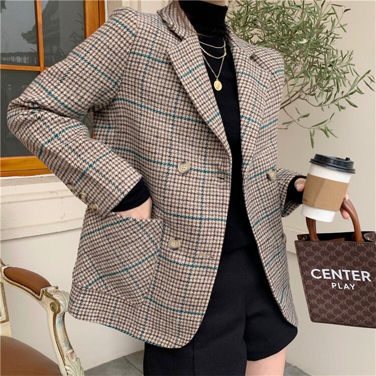 さり気なく旬を取り入れる 短いスタイル チェック柄 ウール スーツ コート 気高い