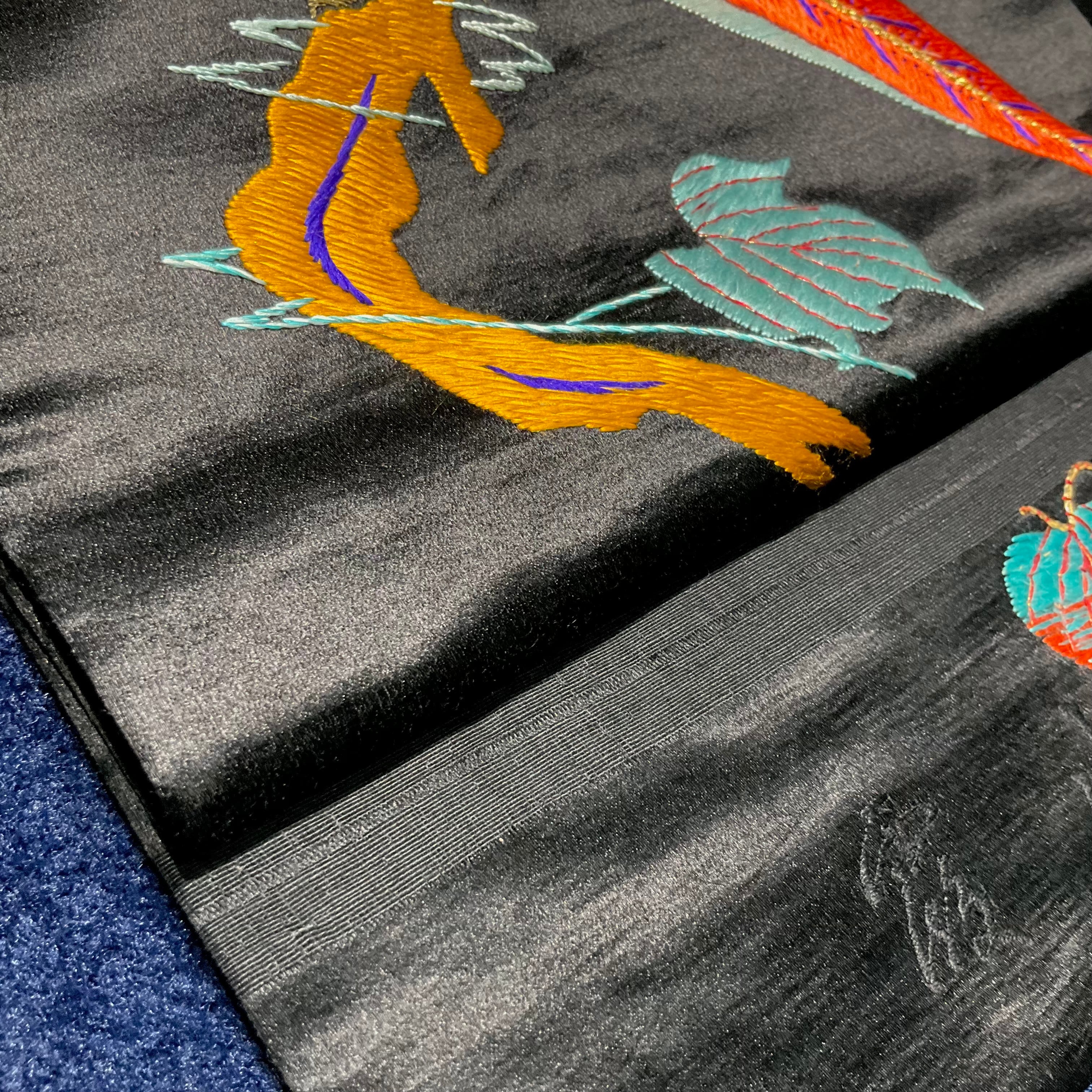 錦雉＊刺繍 鳥 蔓 葉っぱ 葡萄 繻子 花 アンティーク名古屋帯 B260