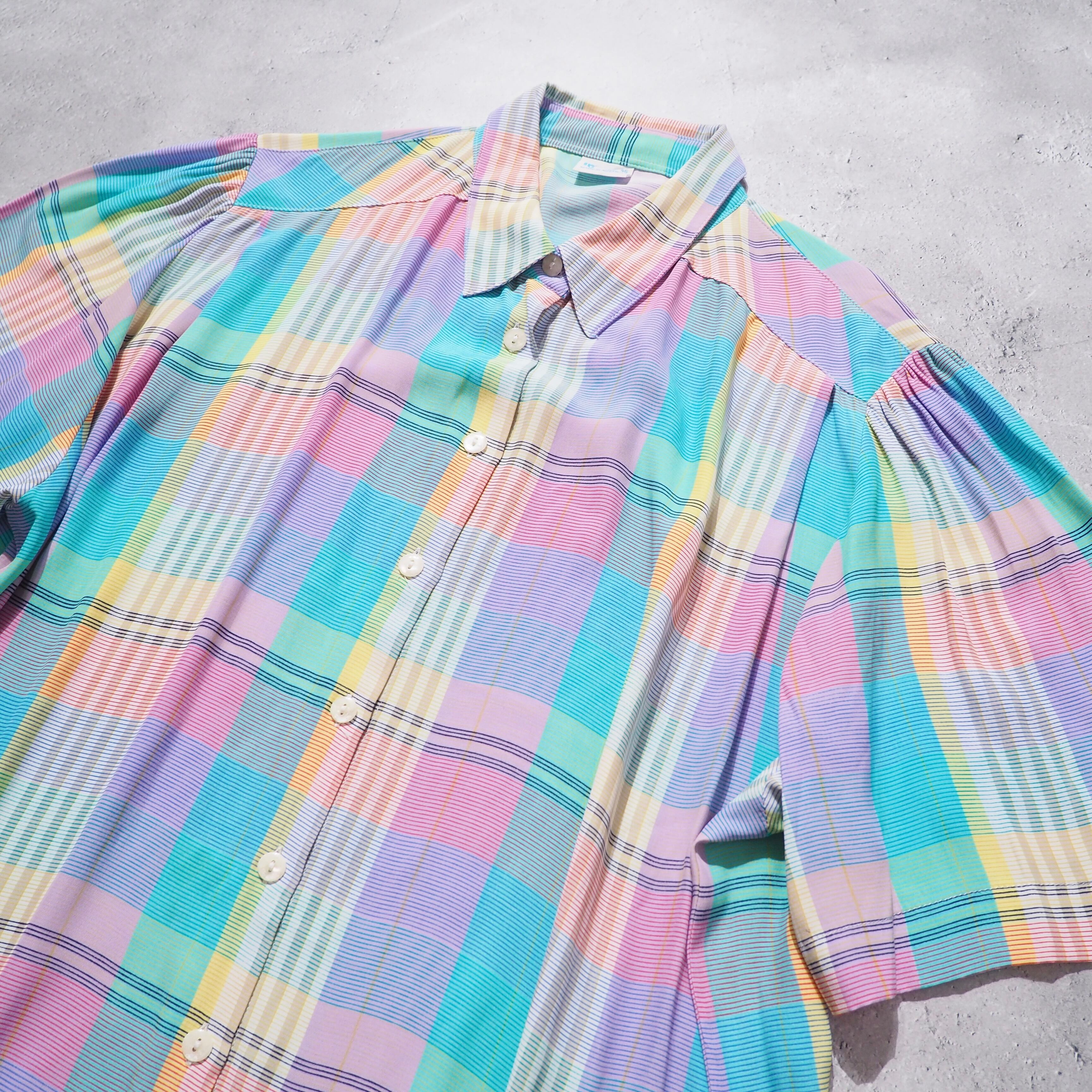 1980 - 90s " Made in Austria " Pastel check Color vintage Drape loose SS shirt