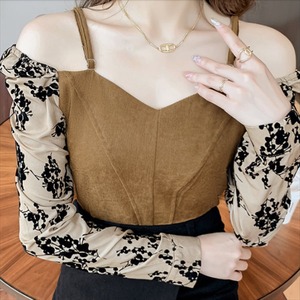 【送料無料】 ブラウス  無地・花柄  オフショル  長袖  シンプルデザイン  フェミニン 大人可愛い  エレガント系  きれいめ    レディースファッション  可愛い  ラウンドネック  異素材切り替え・ドッキング  春  お呼ばれ・女子会・お茶会  20代・30代