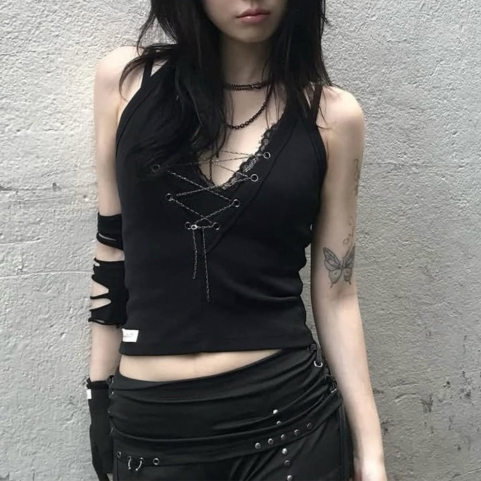 lace up v neck tops / l0720