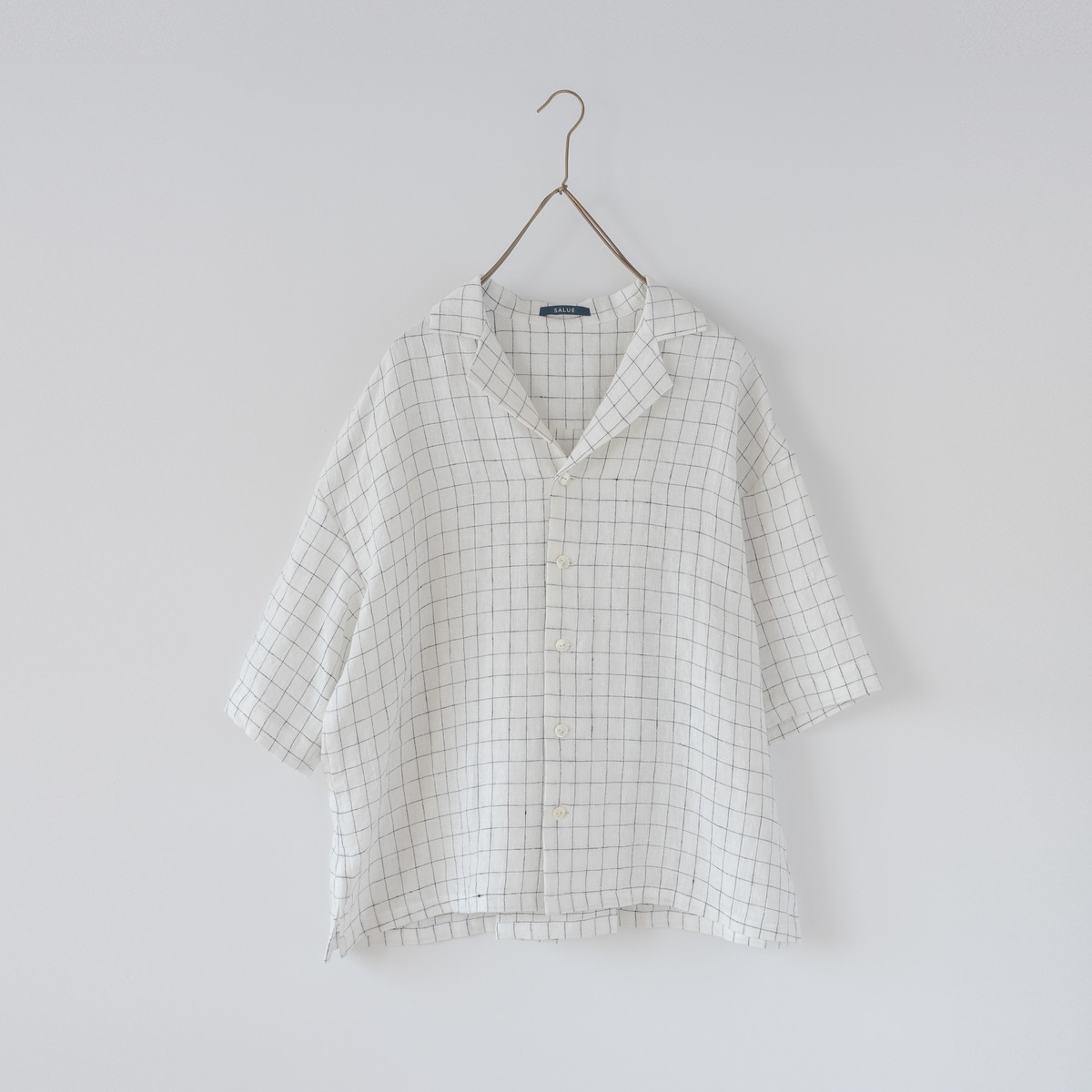 half sleeve open collar shirt／mid weight linen〈ink line check 