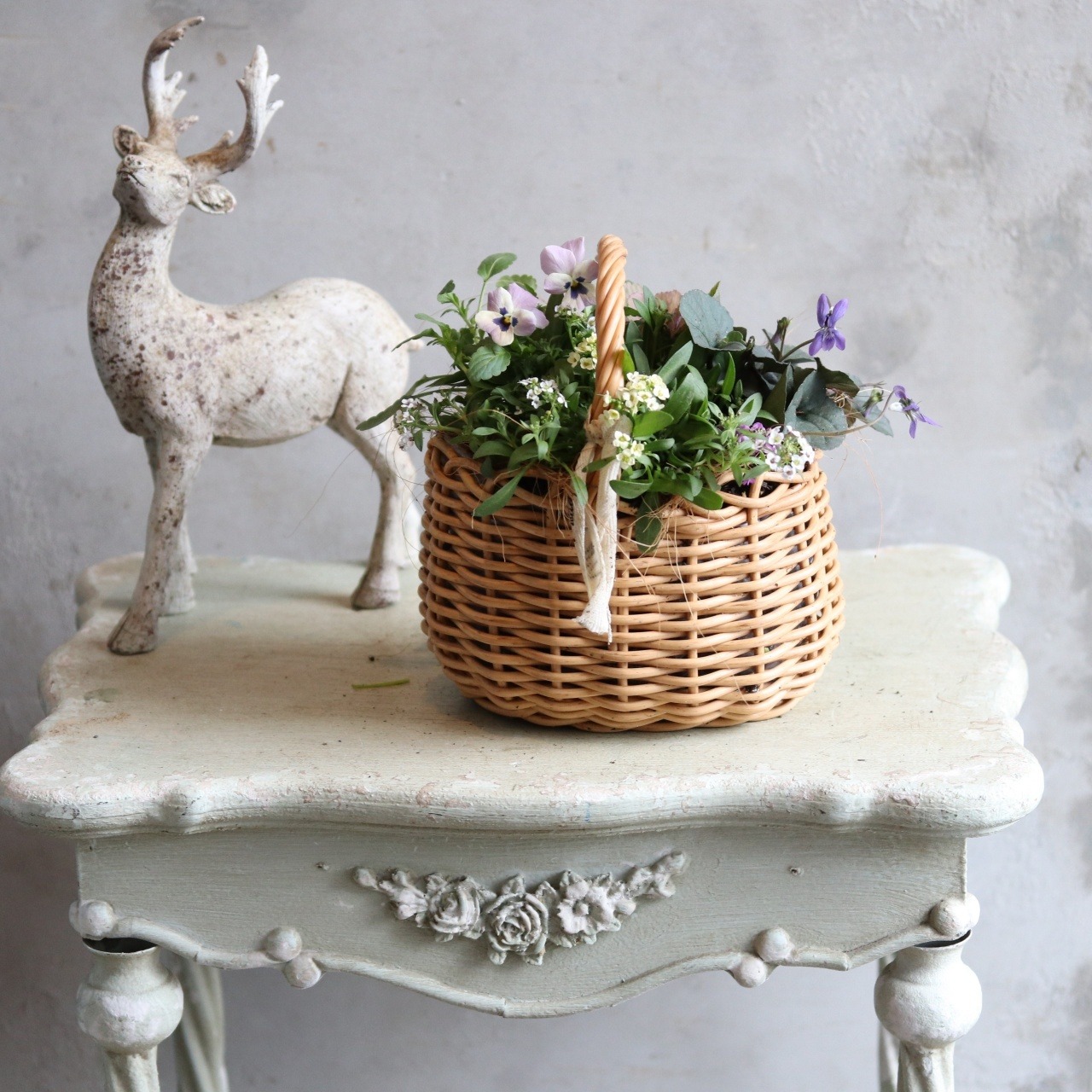 冬から春に楽しむ寄せ植え　ビオラトルニーとシックカラーのハボタンのバスケットの寄せ植え　お正月にオススメ　届いてすぐ玄関に飾れる 　プレゼントにもオススメ　