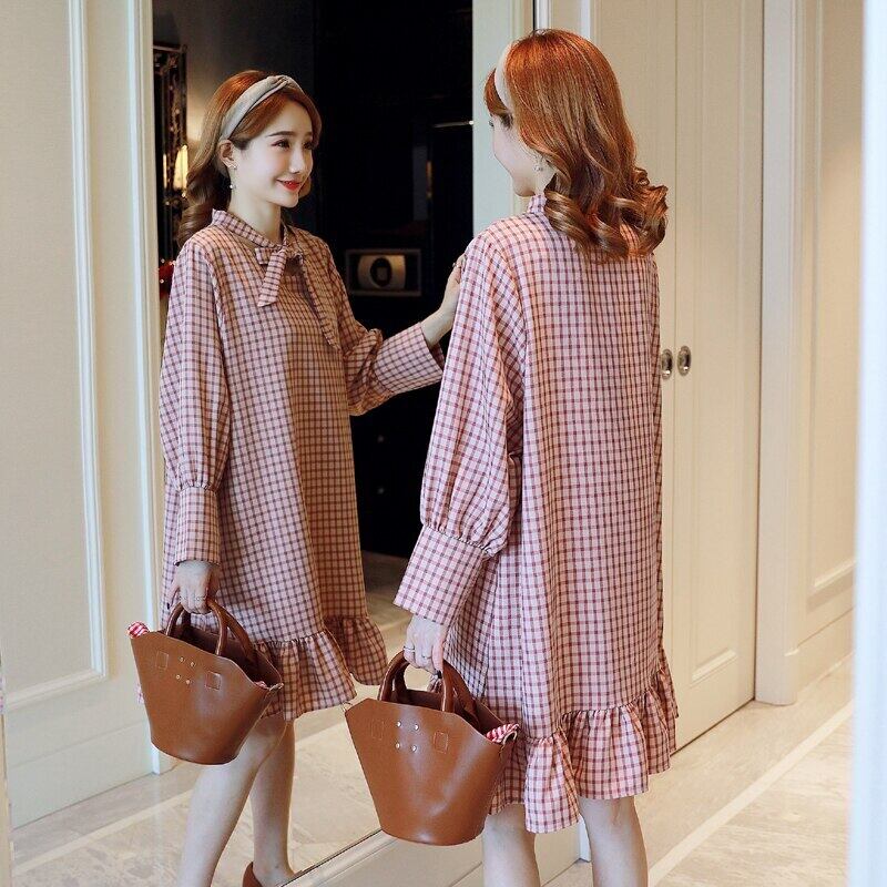 【新作】【送料無料】 9933＃マタニティ服春秋チェック柄コットンカラーブロック長袖ゆったりとしたスタイリッシュなドレス妊婦ママドレス ロング スプリング 春物 オータム 秋物 AL expec3789377276