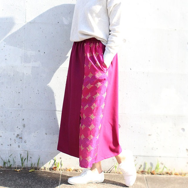 カンタ刺繍シルクとウールのスリットコンビスカート【マゼンタピンクA】