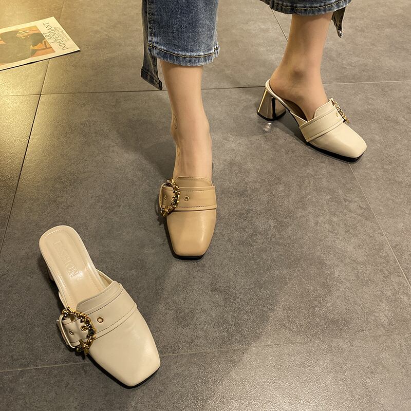 包頭ハーフスリッパ女性の摩耗2020新しい春のファッションスクエアヘッドラインストーンins潮滑り止め夏のサンダル 部族の婦人靴4488213