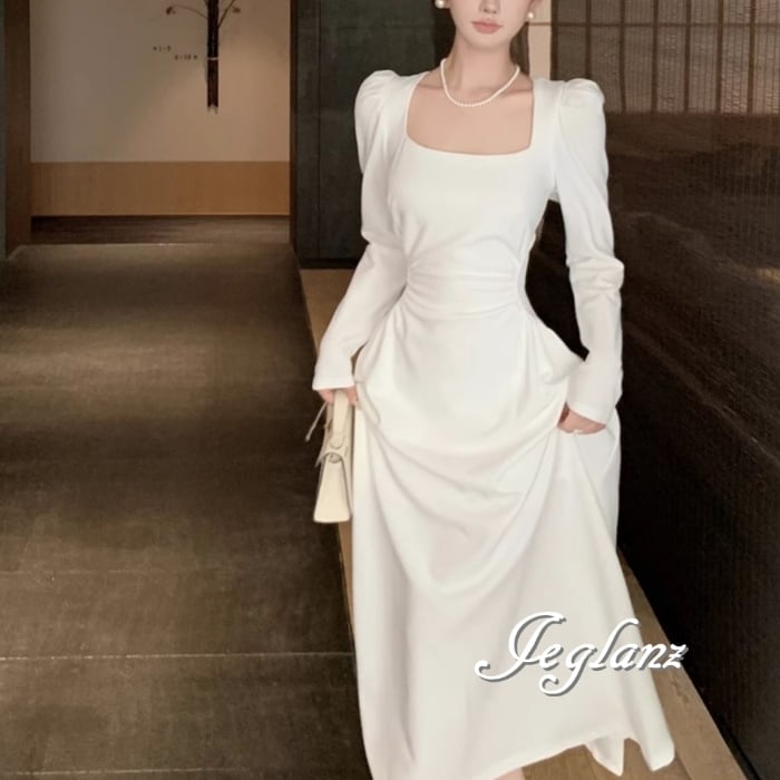 パーティ ドレス 長袖 ワンピース スクエア きれいめ シンプル派(MB831)ζ