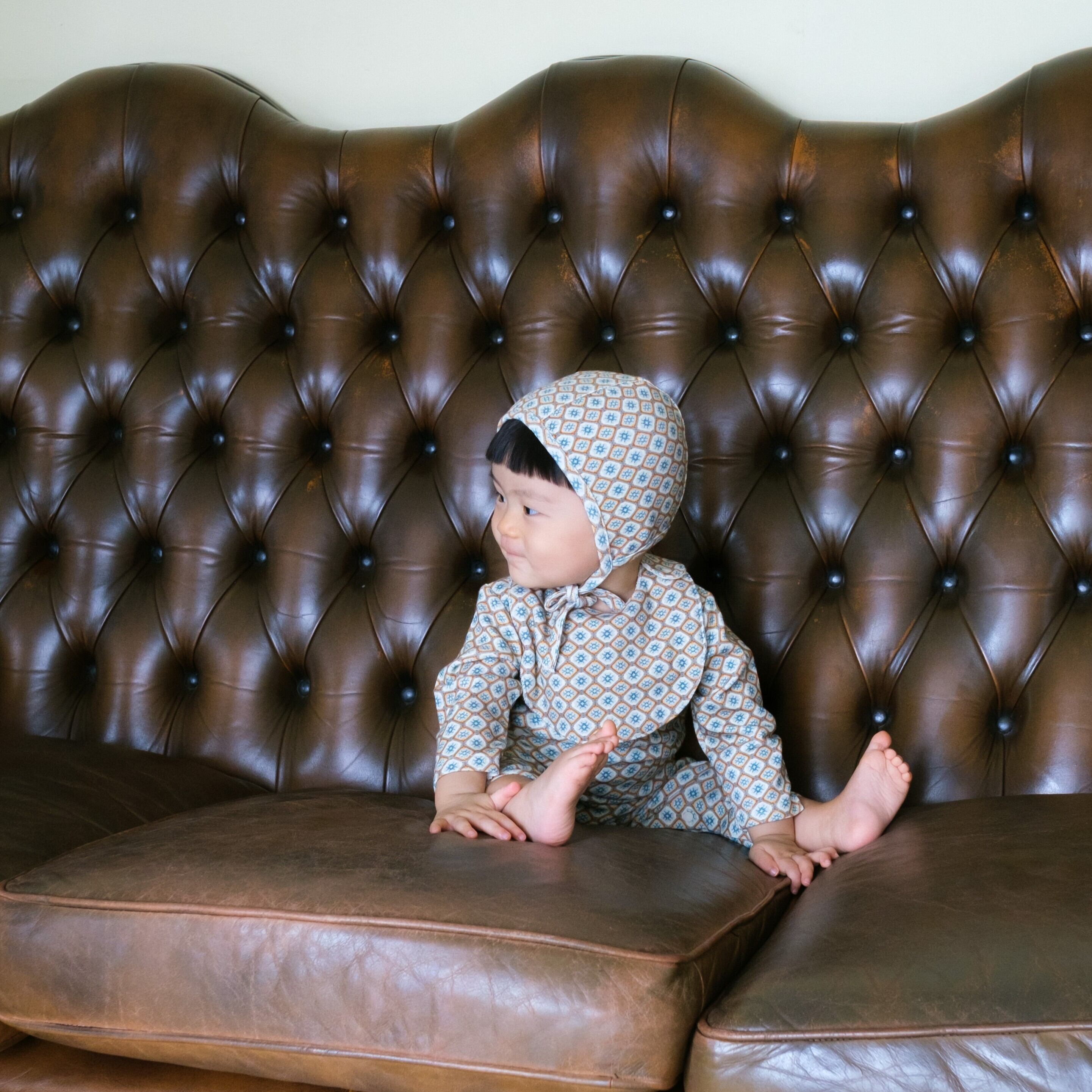 【25AW】&PAL(アンドパル)総柄ボンネット カーキ(42-46)帽子 ベビー レトロ