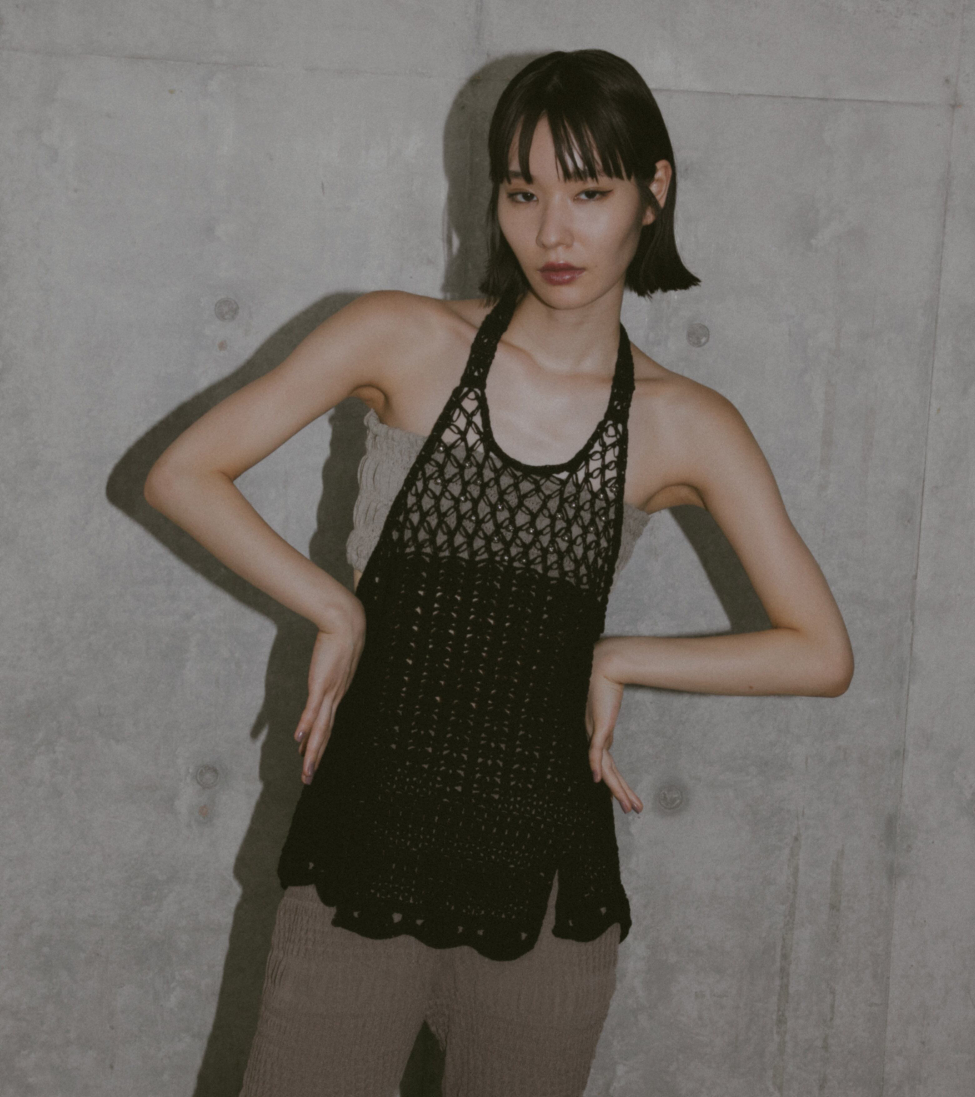 Lover’s knot & beads crochet top・C/♯black