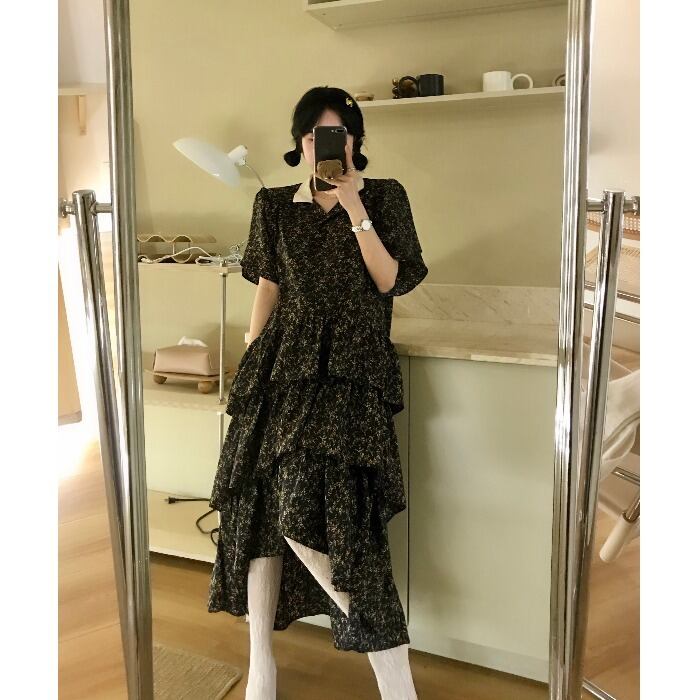 フローラルドレス スプリングスタンダードスカート ブラックロング レトロ 春物 花柄 モンロー19673003942