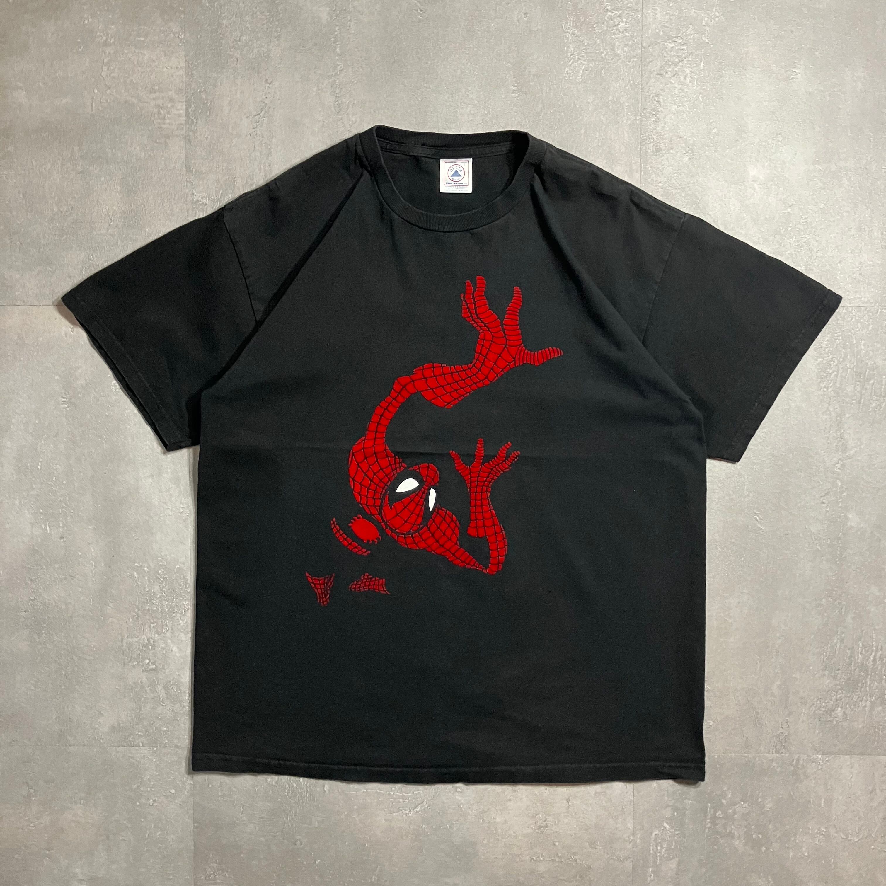 《L size》DELTA MARVEL スパイダーマン フロッキープリント Tシャツ ブラック No.3697