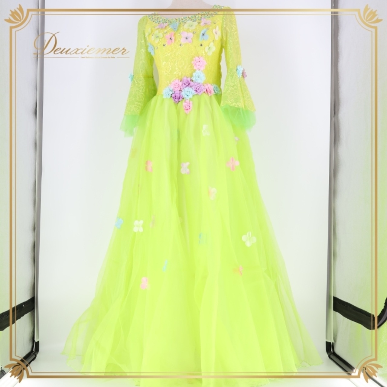パーティドレス ワンピース ドレス グリーン系 イエロー系 ドニャヴィストーサ Da Vistosa 黄緑 黄色 花柄 レース 発表会 演奏会 パーティ ダンス ロングドレス 大人用ドレス カラフル パーティー用 コスチューム