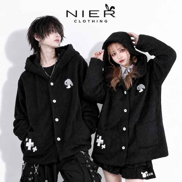 フード付きシャギー調BLACK COAT【刺繍デザイン入り】