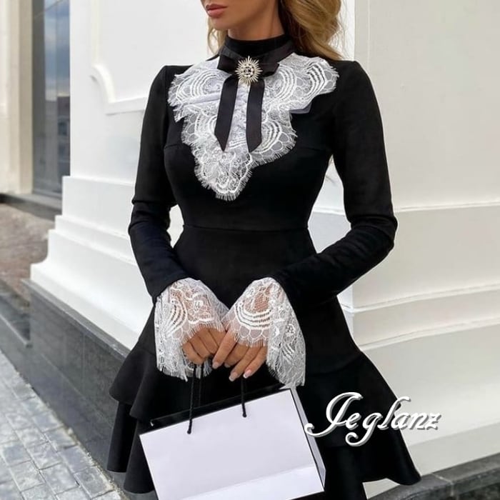 パーティ ドレス バイカラー ワンピース 刺繍 レース ミニスカ(MB292)ζ