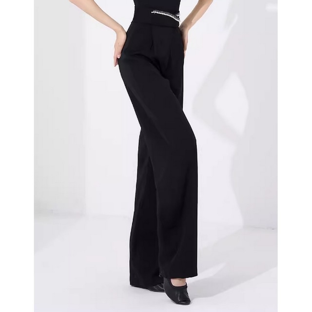 ハイウエスト装飾ベルト付きワイドレッグパンツ ds0123