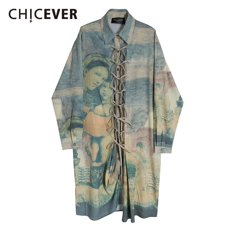 CHICEVERプリントドレスレディースラペル長袖蝶結び包帯特大ヴィンテージミッドドレス2020秋 ロング リボン ビンテージ 6base589364488076
