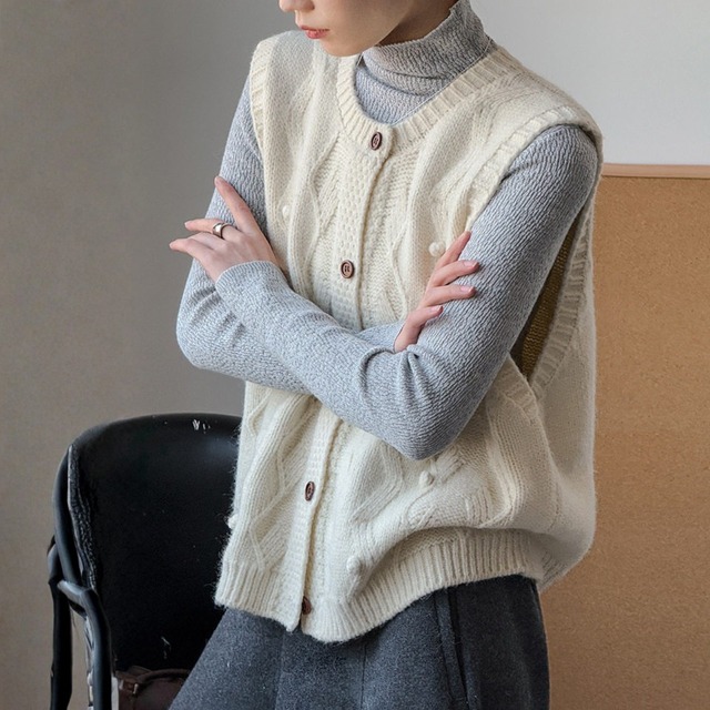 ボッブルアクセント ケーブルニットベスト　 N00264