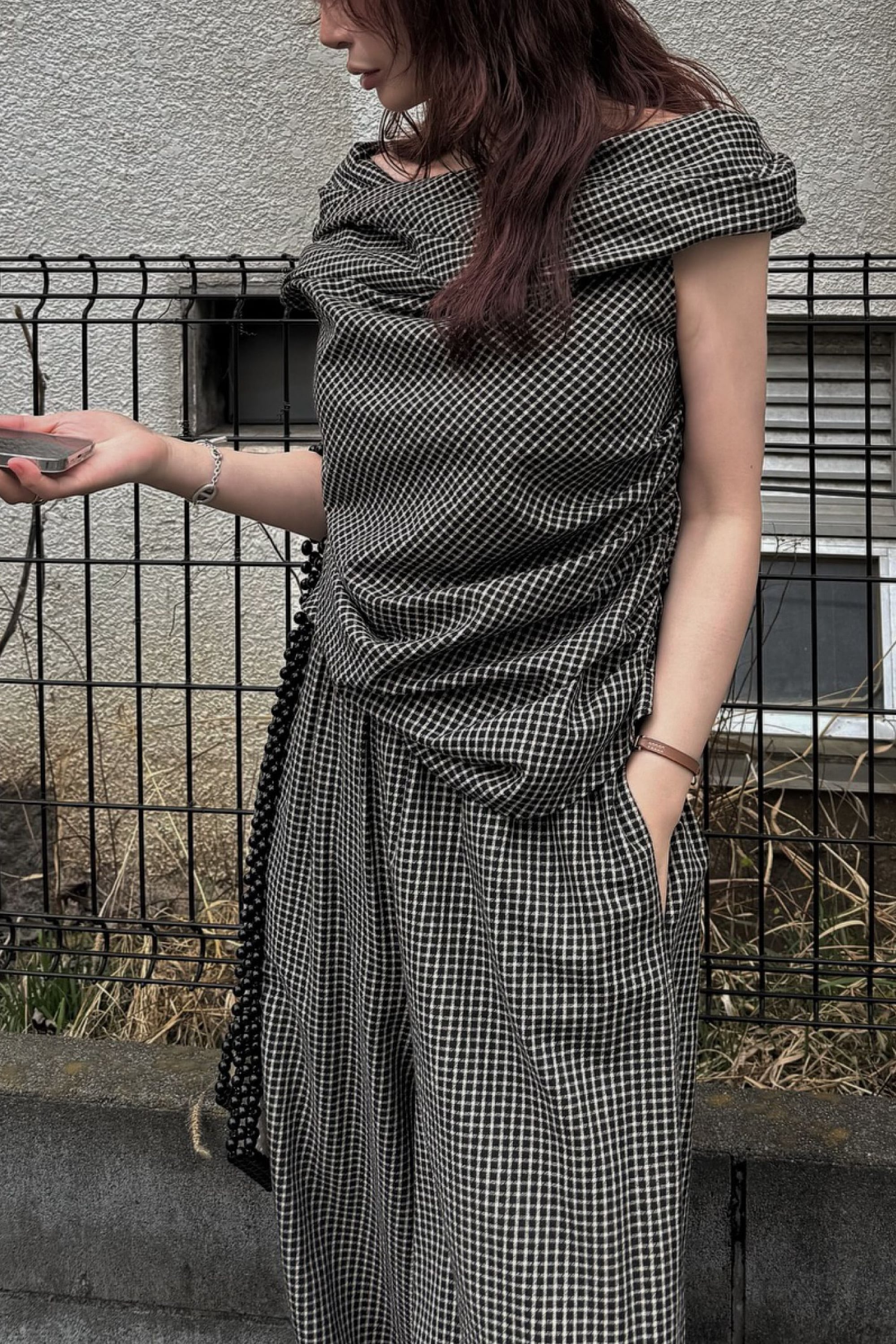 pdm 変形トップス チェック ショール アシンメトリー WILLFULLY asymmetry tuck gather off shoulder check tops