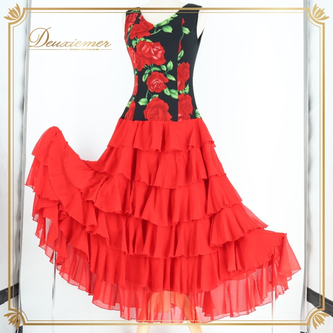 フラメンコ 衣装 prima boutique プリマブティック ドレス ワンピース レッド系 グリーン系 ブラック系 赤 黒 緑 花柄 ダンス パーティ 発表会 フリル レース 薔薇 薔薇柄 発表会衣装 舞台衣装 ダンス衣装 エレガント