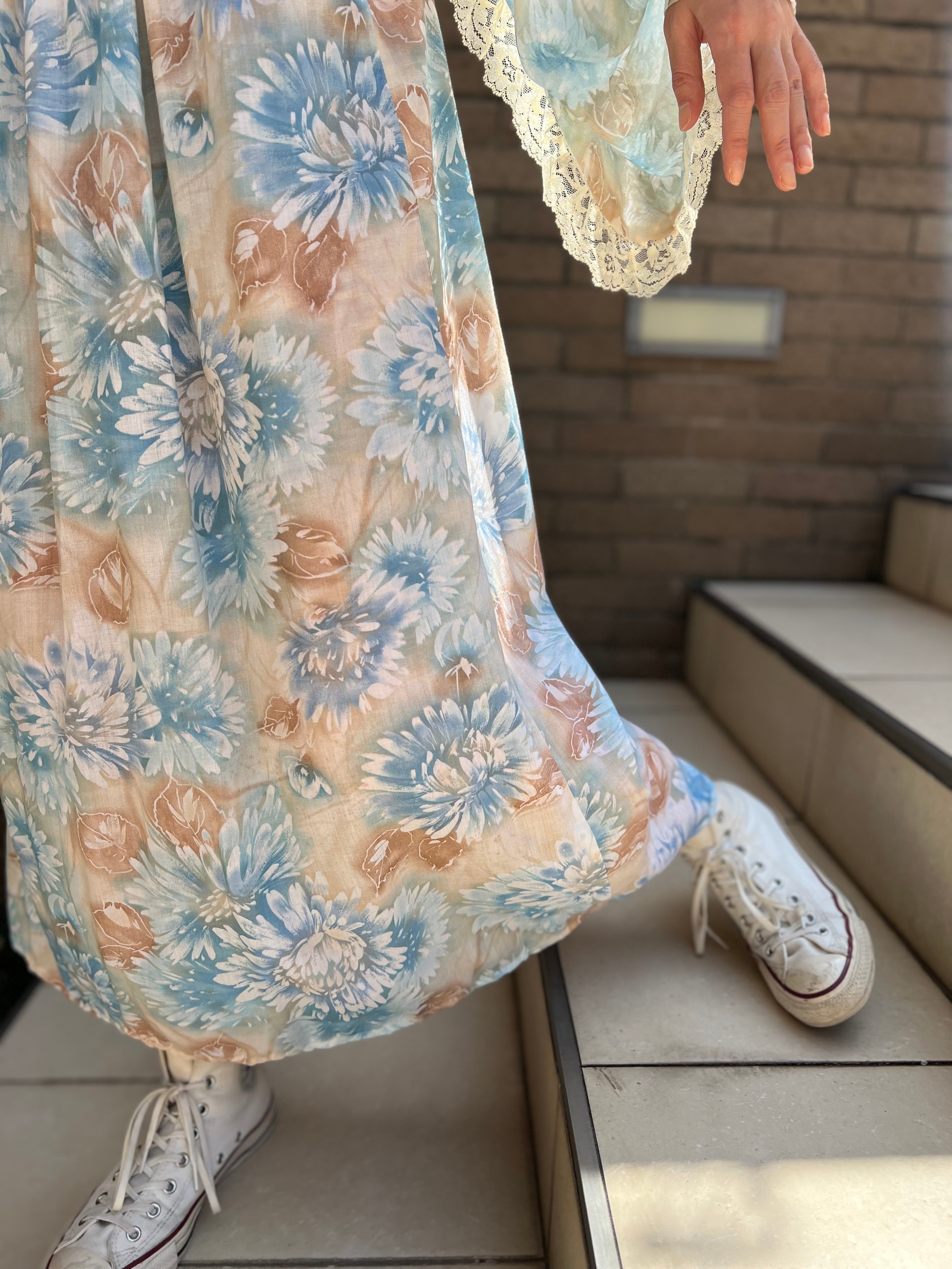 70s floral × lace dress ( ヴィンテージ 花柄 × レース ワンピース