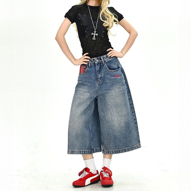 スターエンブレムワイドクロップドデニム 1col   R01696