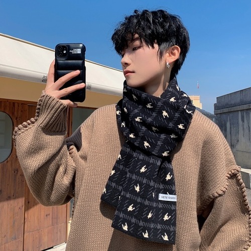 【予約販売】マフラー メンズ ニット 総柄 千鳥格子柄 ブラック 黒 防寒 シンプル お洒落  暖かい ギフト プレゼント 人気 トレンド シック 差し色 韓国 秋 冬