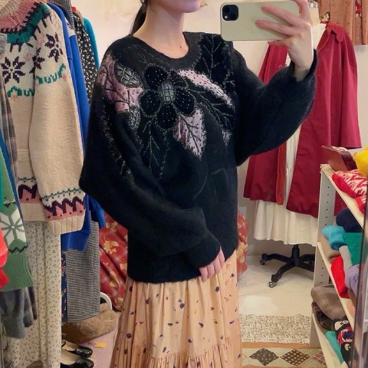 beads flower black dolman sweater