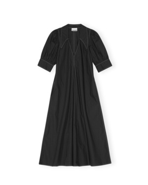 【GANNI】COTTON POPLIN V-NECK MIDI DRESS