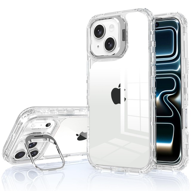JOOBOY スマホケース 対応 iPhone 15 ケース クリア 透明 カメラ隠れスタンド 3in1構造 米軍MIL規格の保護 圧倒的な衝撃性 ストラップ穴 耐黄変 傷防止背面 ブランド 柔軟なPCフレームとハードTPUバック いiPhone15 携帯かばー (クリア, iPhone 15)
