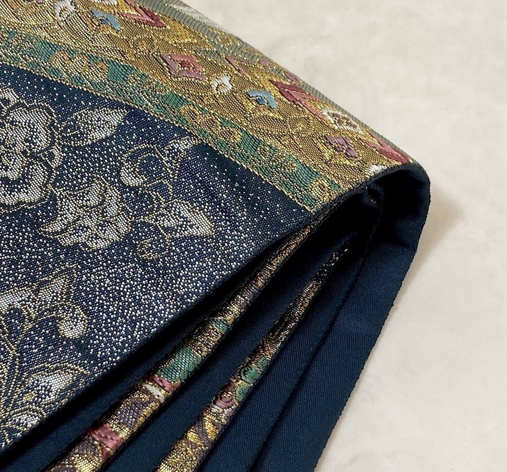 唐織り 華紋 唐花 エキゾチック 袋帯 正絹 紺 緑 ゴールド