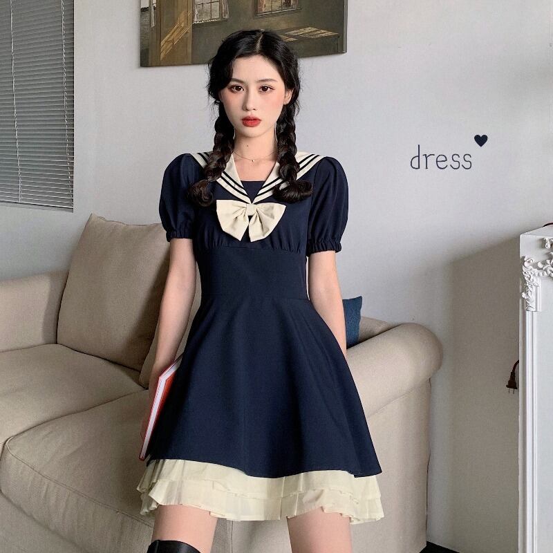 ese風水ハンドネイビーカラードレス2020年夏新しいウエスト気質スウィートJKユニムスカート YY-ファッション21209874855