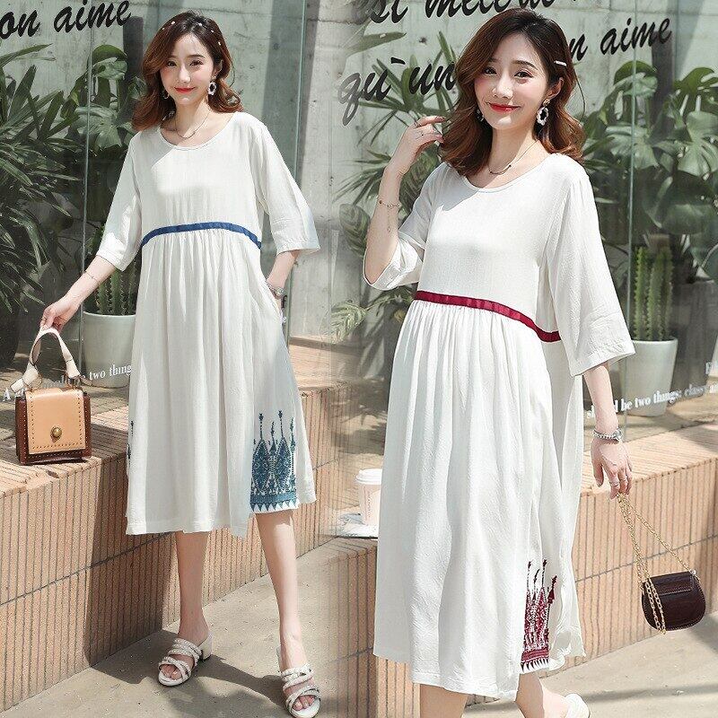 【新作】【送料無料】 半袖シグネチャーコットン刺繡マタニティドレス刺繡プラスサイズ白いドレス妊婦 ホワイト ハーフスリーブ 刺繍 大きめサイズ AL expec382574321295