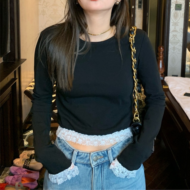 long sleeve trim lace cropped top J00031