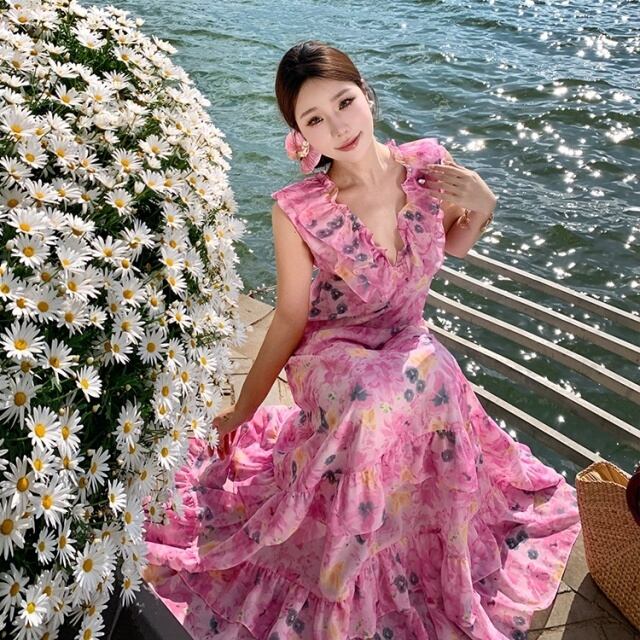 予約販売】ワンピース ロング丈 レディース ピンク 花柄 フレア