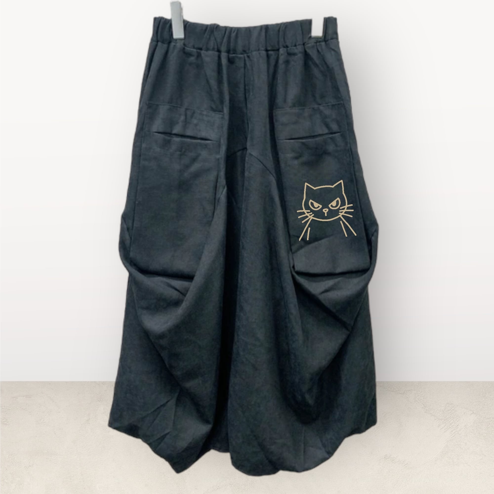 再入荷 レディースフリーサイズ 秋冬生地ピーチスキンフラップポケットサルエルパンツ ブラック