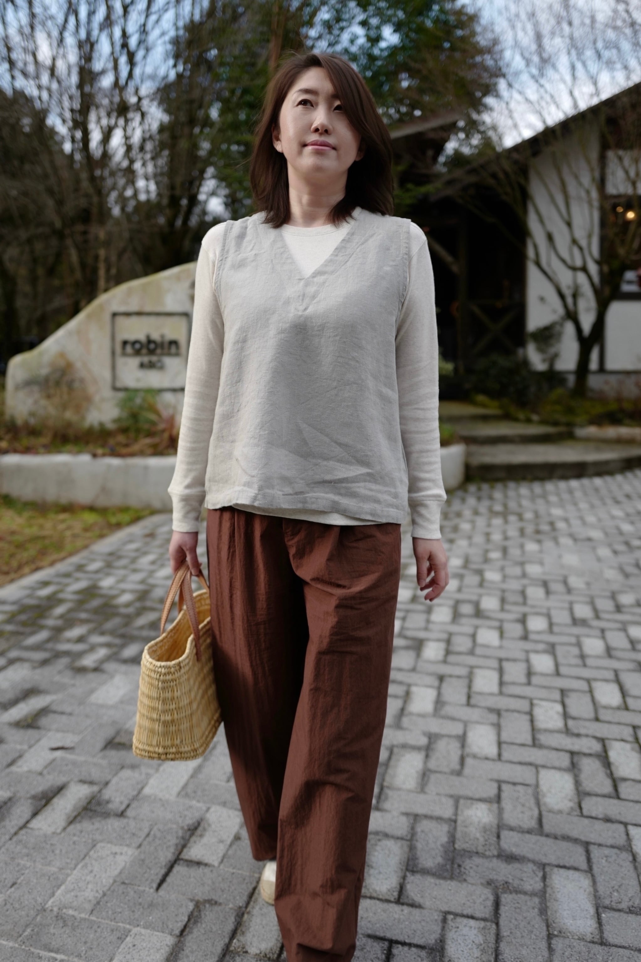 fog Inen work ロングベスト 別注》fog linen work｜厚地リネンVネックベスト・ジレ（col.グリー