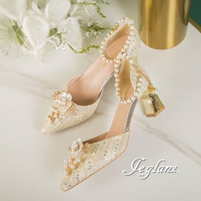 2色 パーティ パンプス ヒール パールストラップ 高さ 5cm/7cｍ（M8620）χ