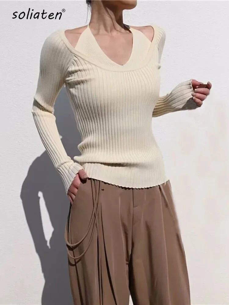 女性用長袖トップス,ツーピースセーター,肌に密着したセーター,ベージュのTシャツ,春,2022, C-059