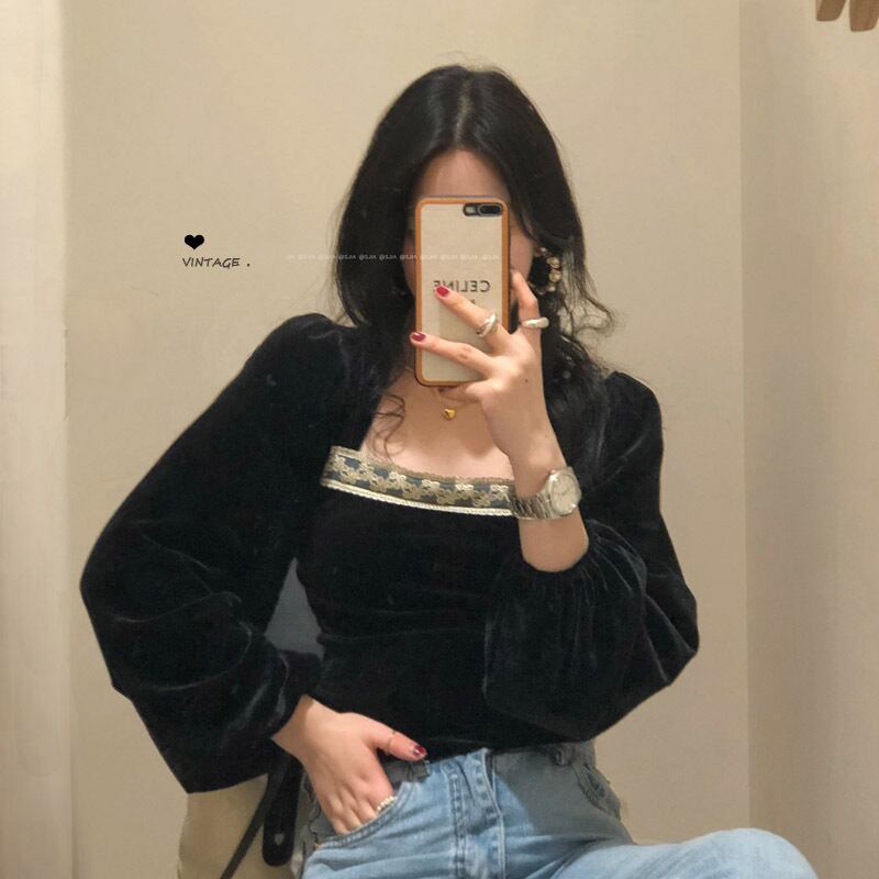 シャツ スタンダードブラックベルベットスプリングオータムカラートップス ロング レトロ 春物 秋物 スクウェア ブラックストロベリース84697022946