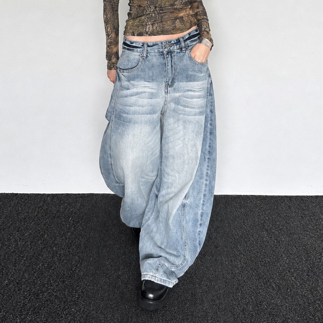 Washed volume denim pants A00008