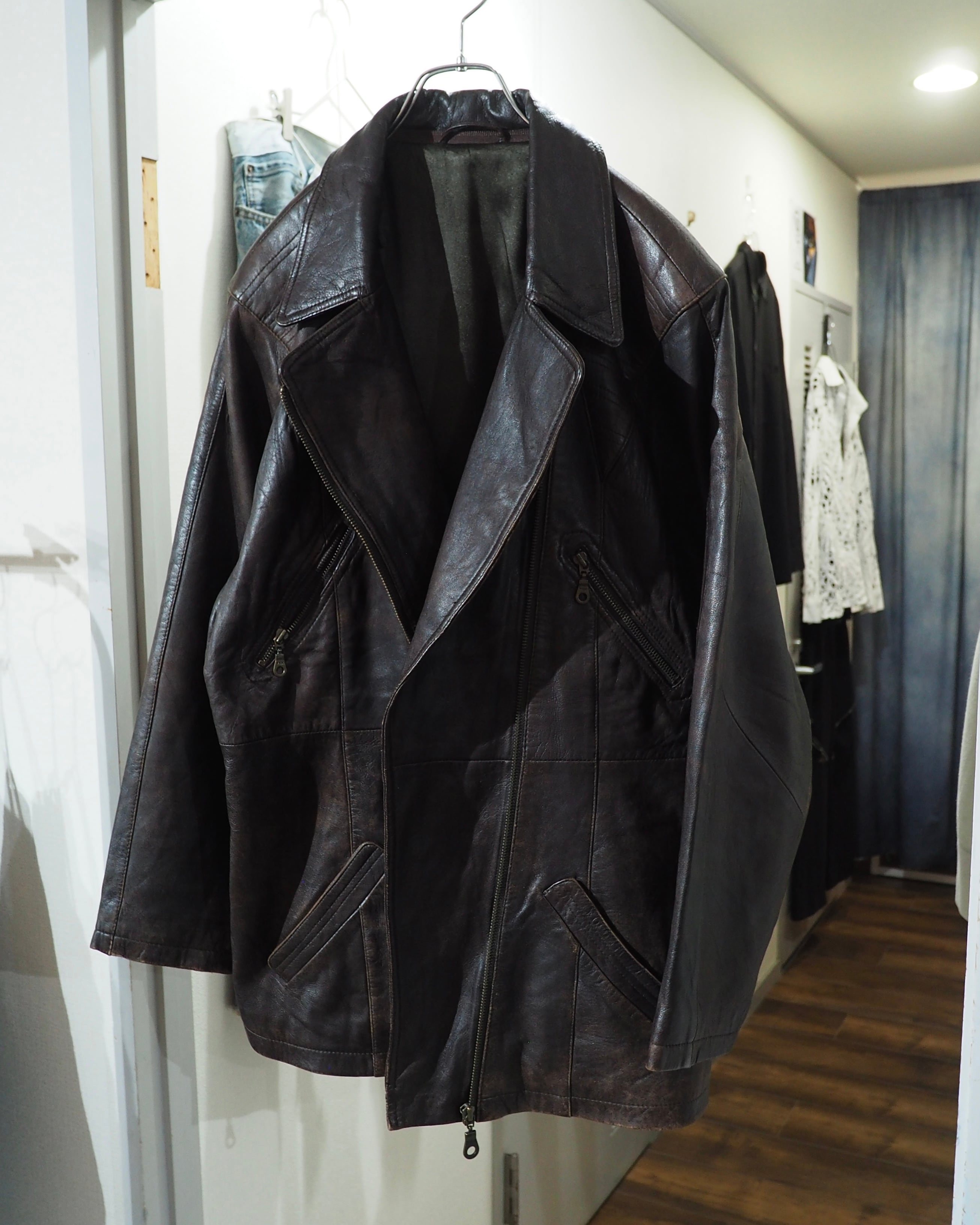 1990s " 変形 " Diagonal Zipper Design Vintage Lamb Leather Jacket