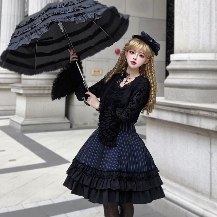 ドレープシアー チュールフリル 紺 黒 ゴシック V系 archive グランジ ゴスロリ JSK ジャガード×フリルレース ダークゴシック大人｜WithU