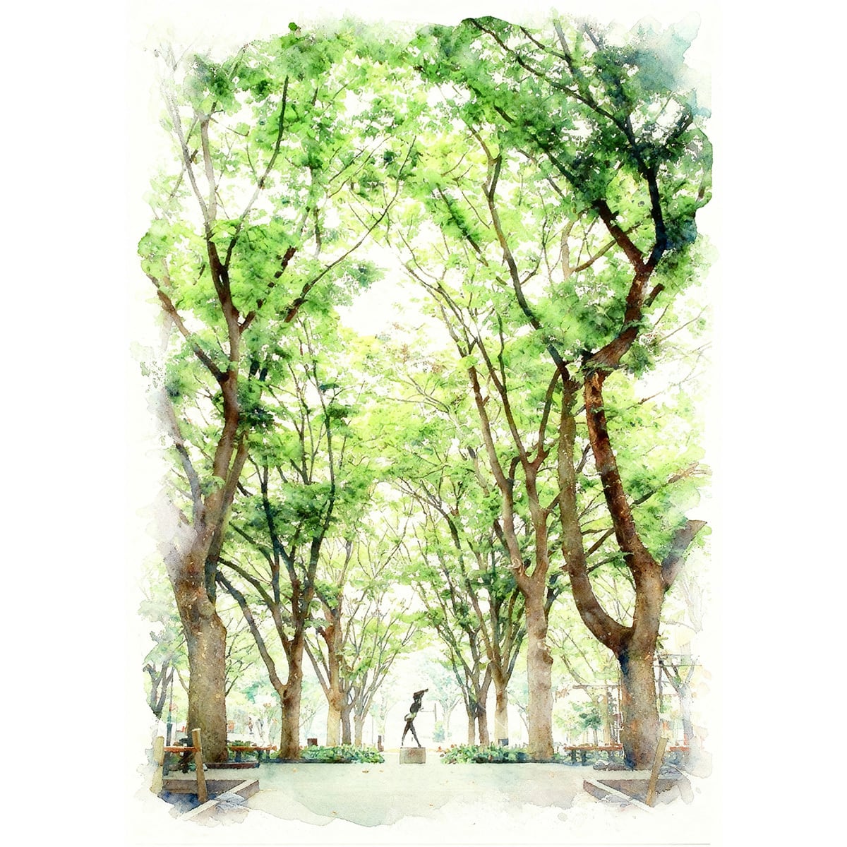 絵画(風景画) 日本 宮城県 定禅寺通りの新緑 インテリアアート額付き 水彩画・油絵調 WAT1807