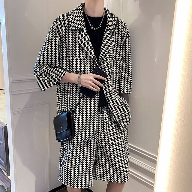 【予約販売】メンズ セットアップ 上下 ハーフパンツ 半袖 ジャケット モノトーン 総柄 ブラック スーツ フォーマル 結婚式 パーティー カジュアル 春夏秋 M/L/XL/2XL