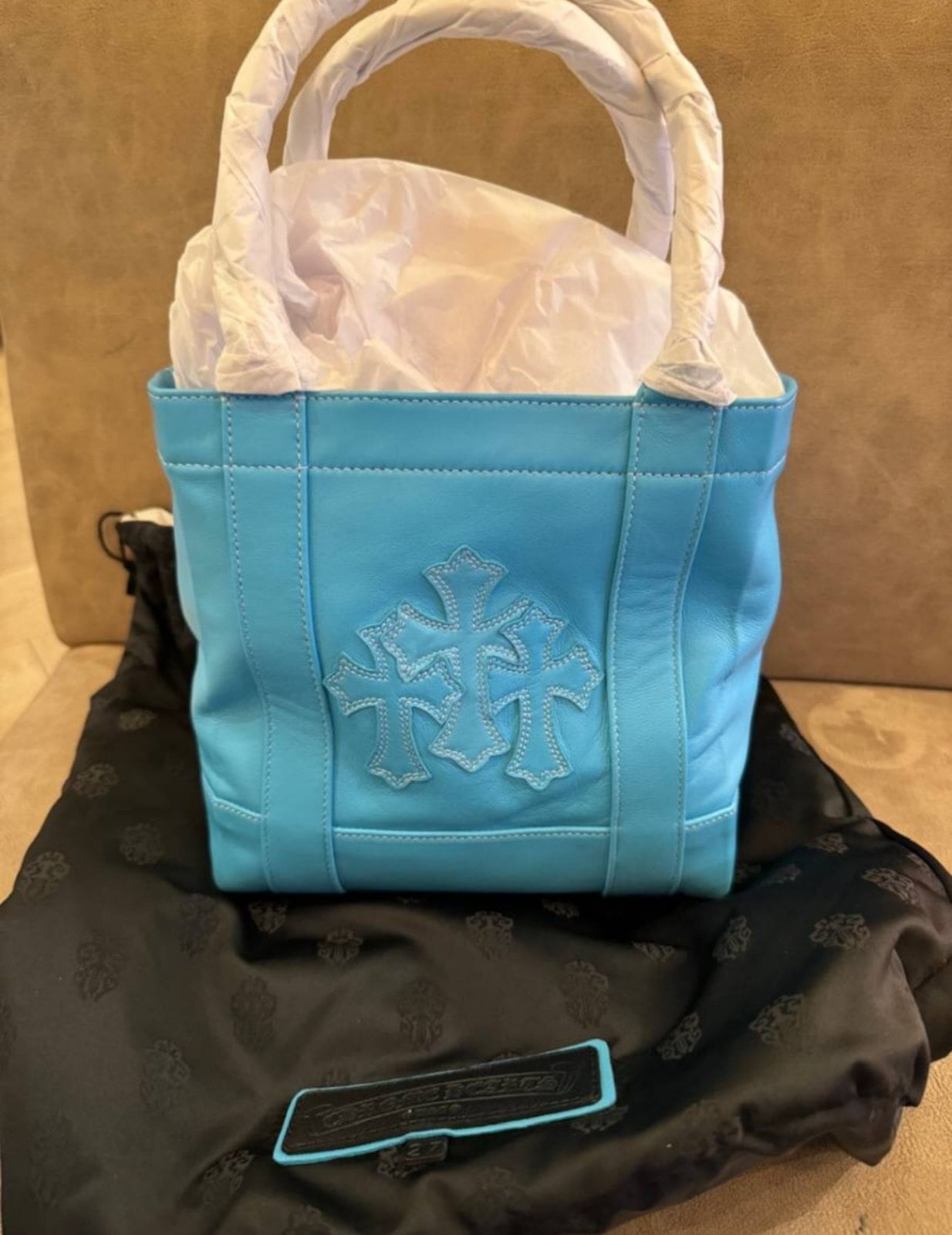 CHROME HEARTS クロムハーツ MINI TOTE BAG LEATHER BLUE ミニトートバッグ レザー 3クロスパッチ ブルー