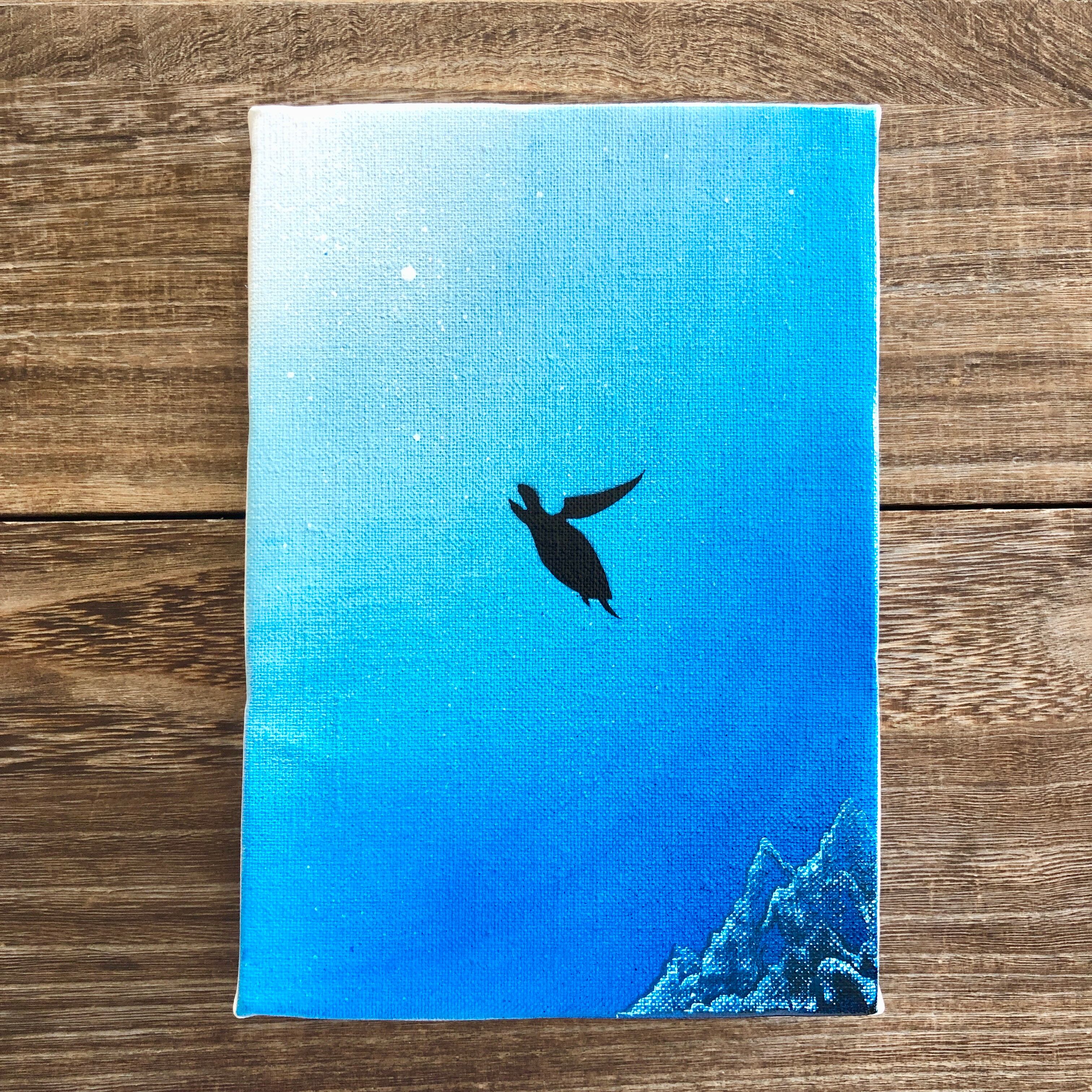 光の射す方へ 原画 海亀 海底 光 青 絵画 キャンバス 風景画 スプレーアート インテリアパネル Aki Spray Paint