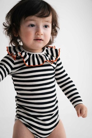 【26AW】KOQUELIKO(コキュリコ)Collier baby body blackborder (XXS/XS)ロンパース 黒ボーダー