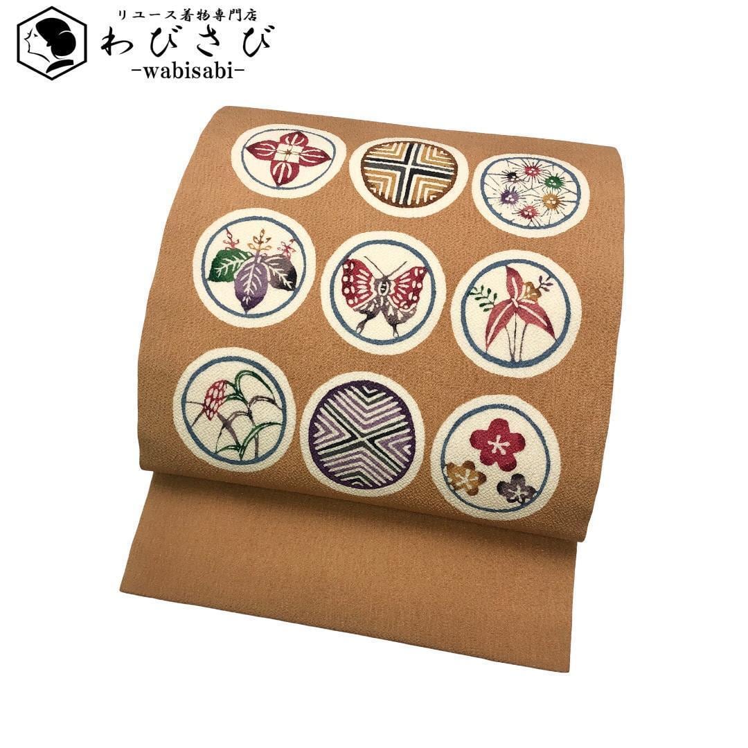 名古屋帯 型染 松皮菱 花模様 生成色 縮緬 O-5465 名古屋帯 型染 松皮菱 花模様 生成色 縮緬 O-5465 着物 きもの