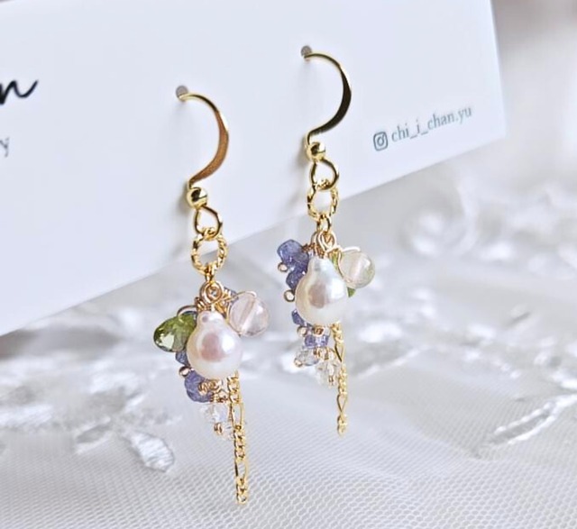 淡水パールと宝石もりもりピアス 天然石アクセサリー［CHI-151］